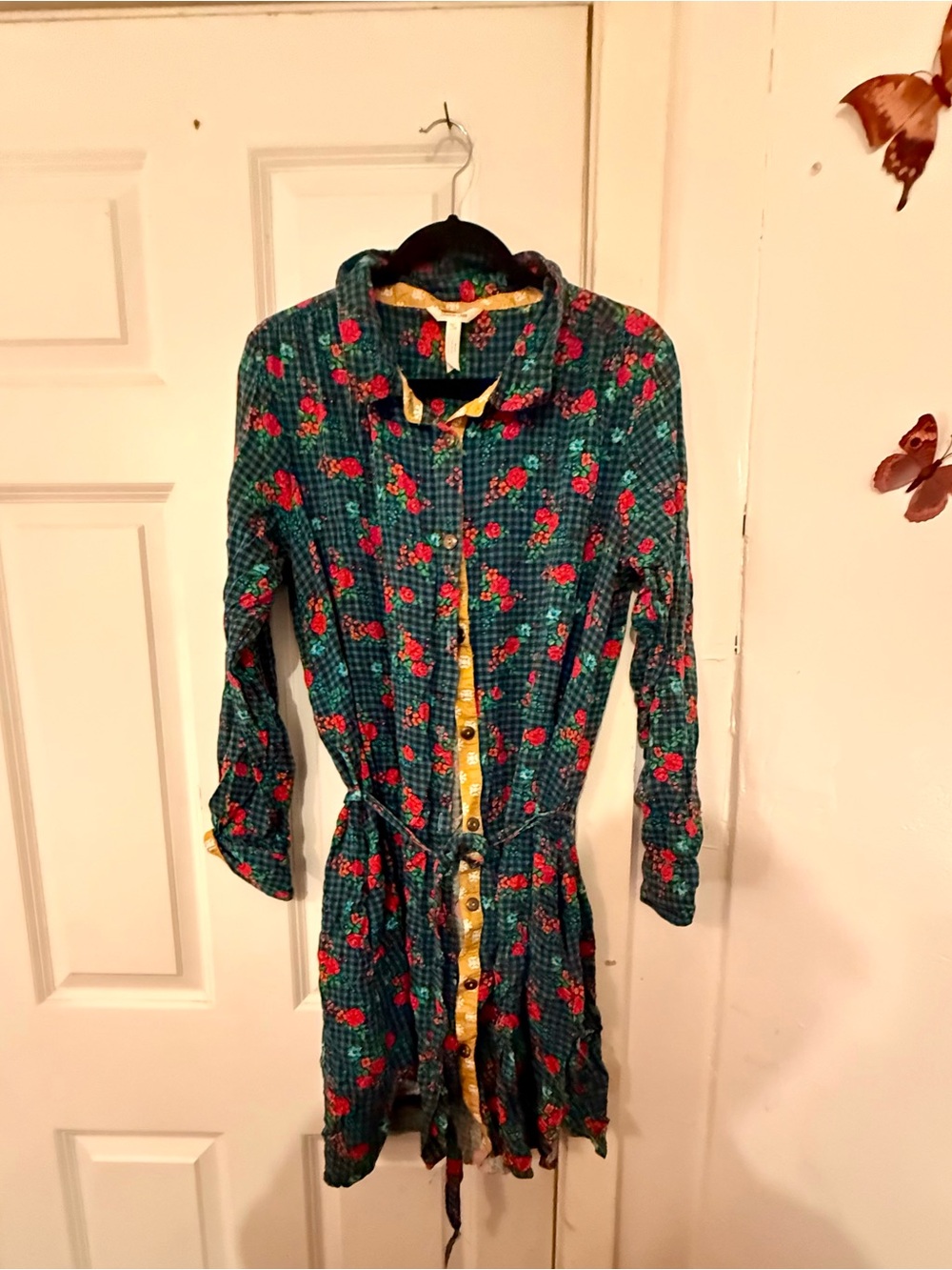 Matilda Jane Teal Floral Button-Front Long Sleeve Dress with Yellow Trim